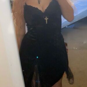 Black Lace mini dress with cross velvet with lace slits gothic lolita